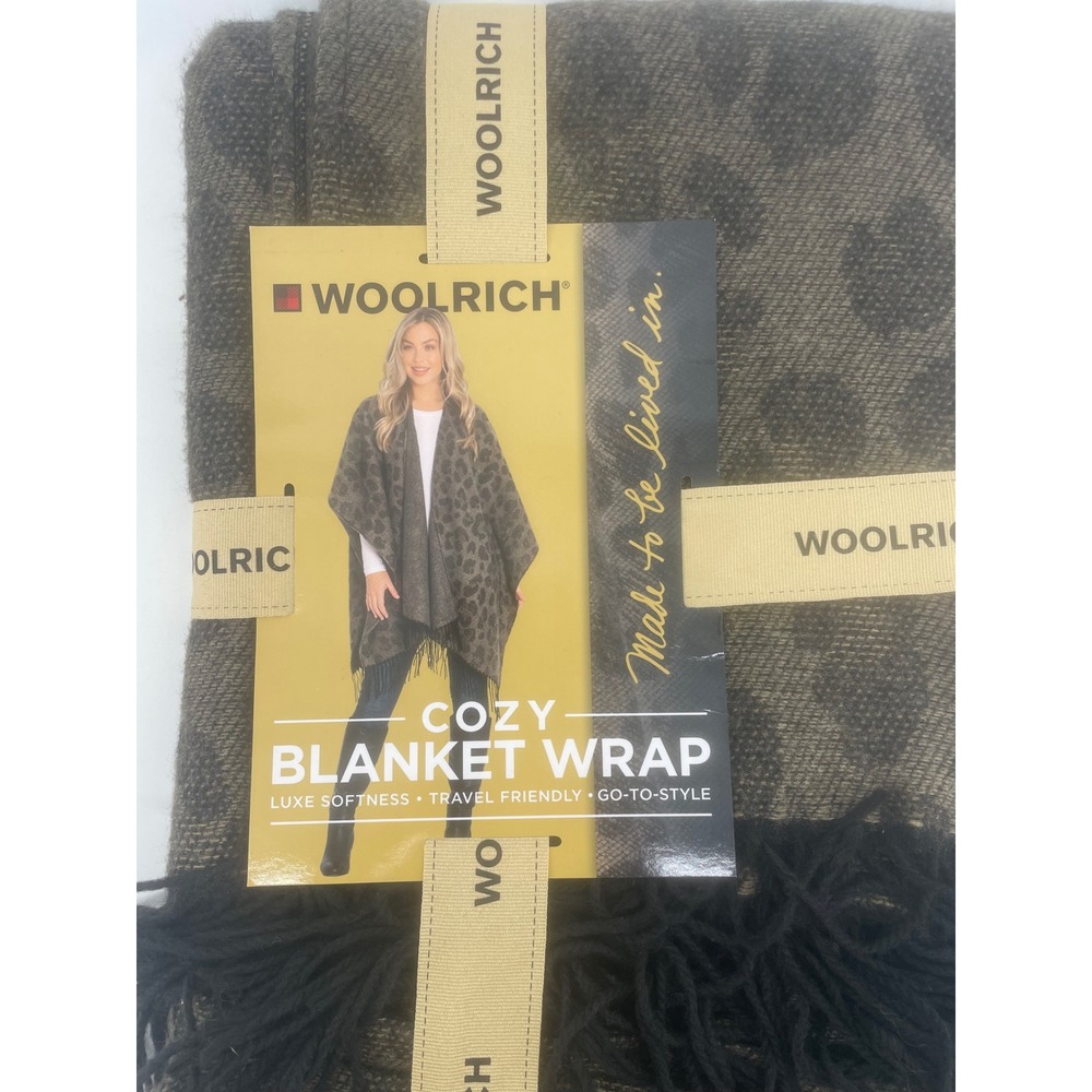 Woolrich Blanket Wrap Women Lana Leopard Olive Black Animal Print Fringe NWT
